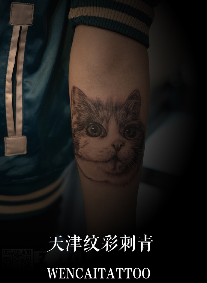 可爱的小姑娘小邓小臂内色猫头纹身