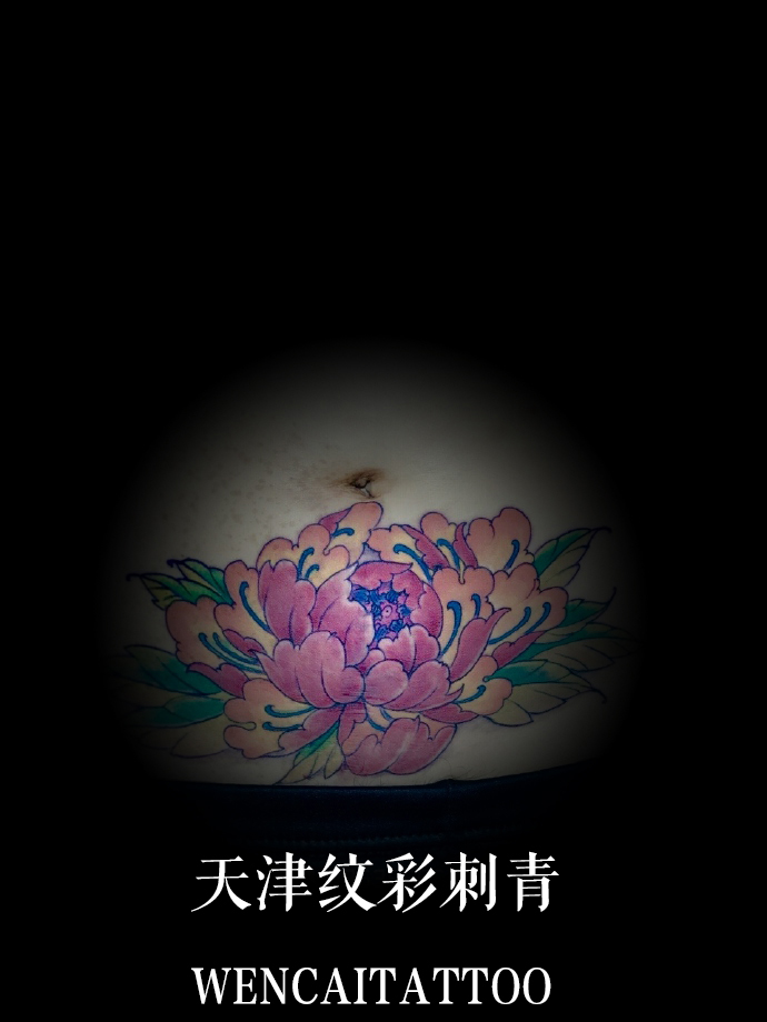美丽性感的云小姐腹部牡丹纹身图案